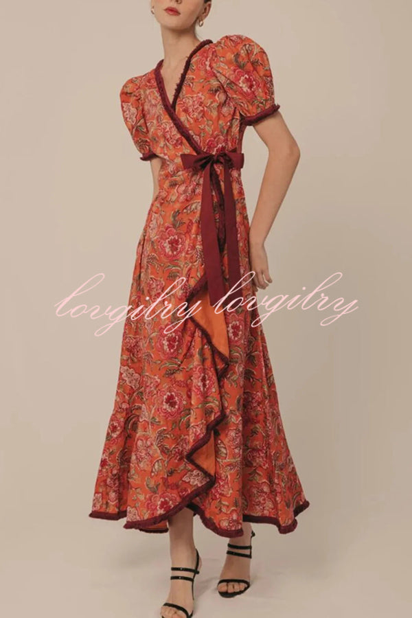Bohemian Floral Print Elegant Puff Sleeve Holiday Maxi Dress