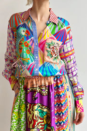 You Make Me Wonder Satin Colorful Unique Print Button Down Oversized Blouse