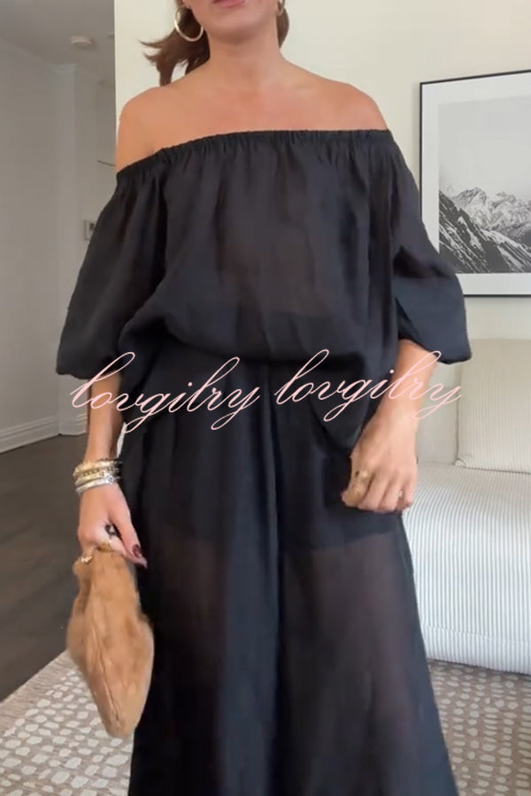 Comfortable Area Chiffon Off Shoulder Balloon Sleeve Top and Elastic Waist Knotted Bloomer Set
