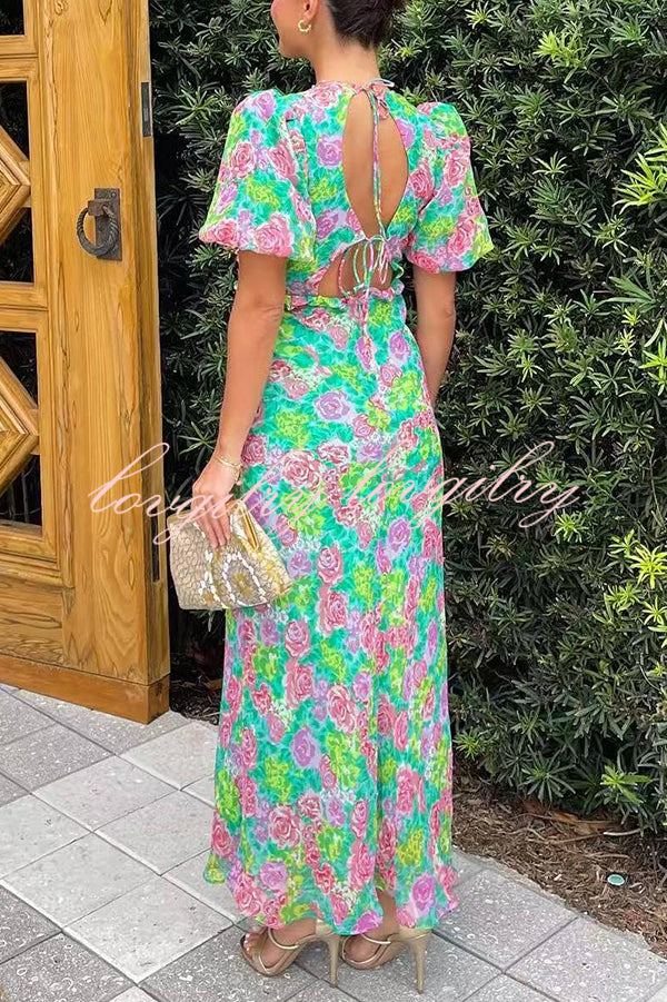 Floral Print V-neck Puff Sleeve Open-back Maxi Dress