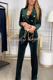 Guest of Honor Velvet Metal Button Lapel Blazer and Elastic Waist Pocketed Loose Pants Set