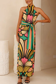 Unique Print Halter Neck Tie Backless Holiday Maxi Dress