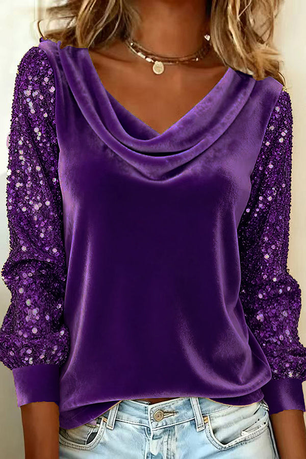 Stylish Velvet Sequin Patchwork Long-sleeved Casual Top