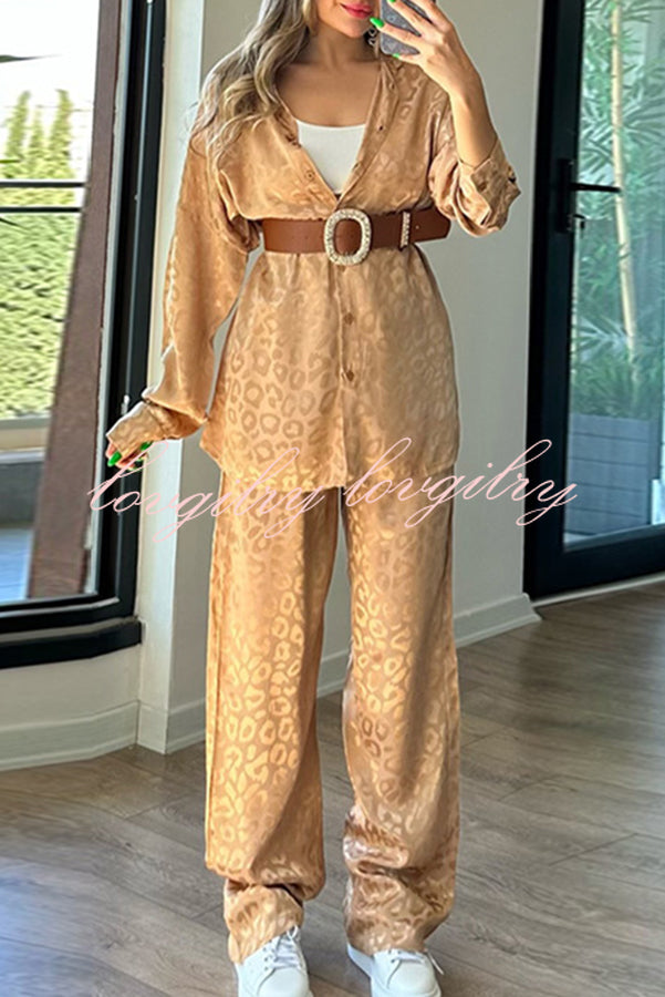 Leopard Print Jacquard Long Sleeved Shirt with Elastic Waist and Pant Two Piece Set