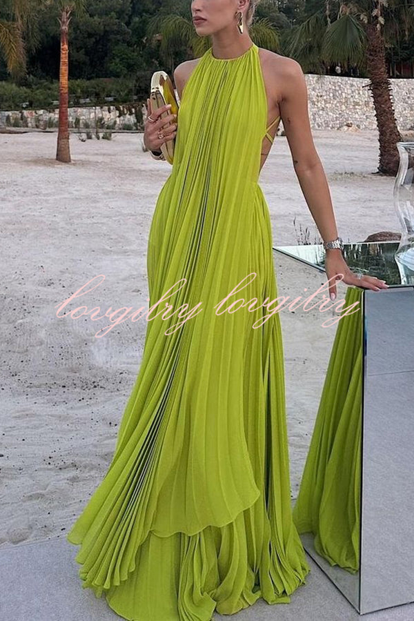 Sexy Backless Tie and Elastic Waist High Slit Pleated Maxi Skirt Set