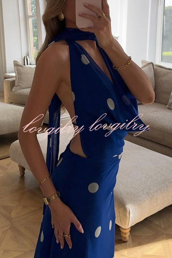 Fashion Polka Dot Print Sexy Halter Neck Backless Maxi Dress