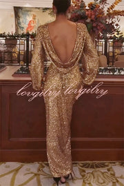 Shine Your Style Sequin Balloon Sleeve Back Drape Cowl Neck Maxi Dress