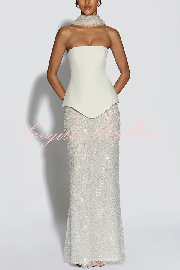 Oakley Corset Strapless Top and Sequin High Rise Maxi Skirt Scarf Set