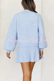 Solid Color Round Neck Puff Sleeve Loose Knit Sweater and Casual Striped Mini Skirt Set