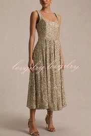 Effortless Sparkle Sequin Square Neck Wide Strap A-Line Midi Dress