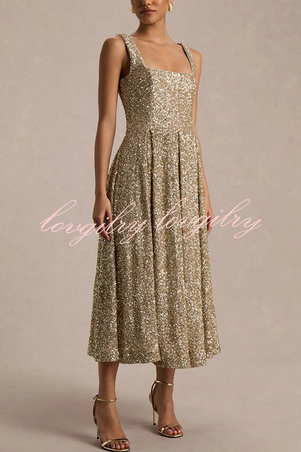 Effortless Sparkle Sequin Square Neck Wide Strap A-Line Midi Dress
