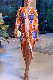 Bahamas Unique Print Dolman Long Sleeve Ruched Slit Midi Dress