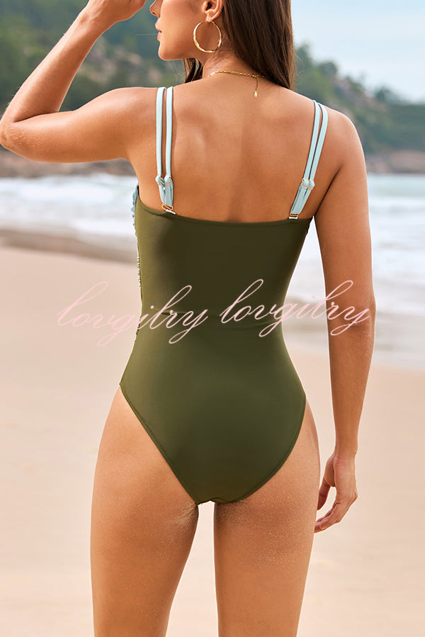 Fashionable Color-blocked Metal Button Stretch One-piece Swimsuit