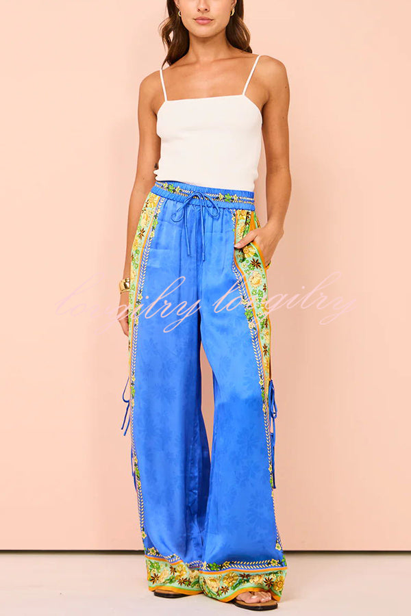 Nara Satin Unique Print Side Lace-up Tank and Elastic Waist Pocketed Wide Leg Pants Set