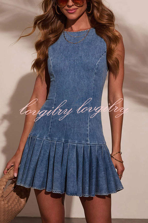 Fashionable Spliced Back Hollow Lace-up Pleated Slim-fit Denim Mini Dress