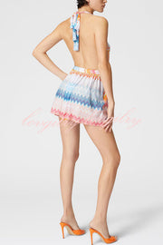 Eleanor Knit Colorful Zigzag Pattern Halter V-neck Tie-up Loose Romper