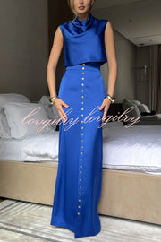Solid Color Casual Sleeveless Crop Top and Elegant Button-down Maxi Skirt Set