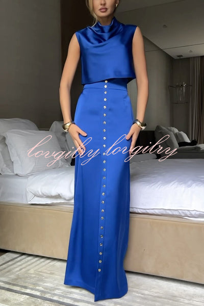 Solid Color Casual Sleeveless Crop Top and Elegant Button-down Maxi Skirt Set