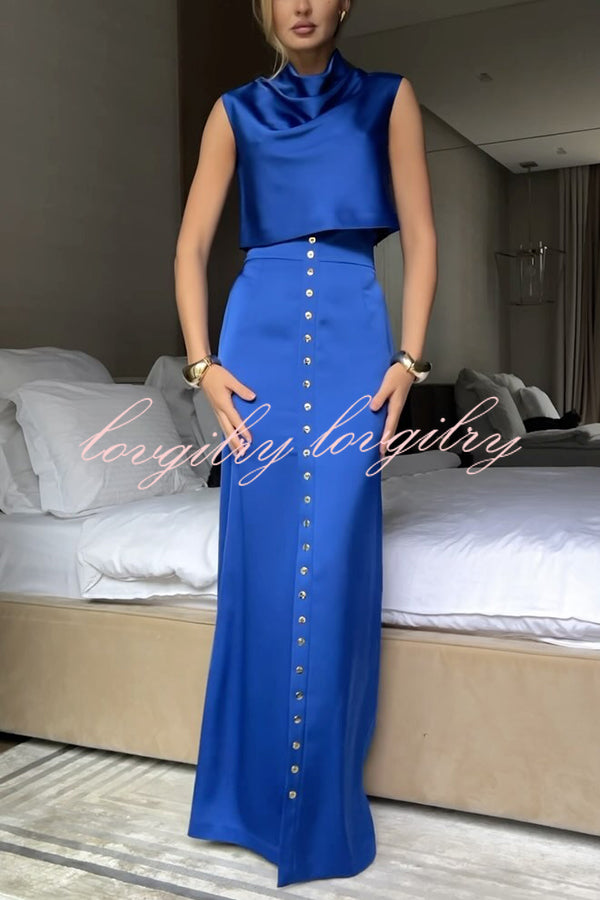Solid Color Casual Sleeveless Crop Top and Elegant Button-down Maxi Skirt Set