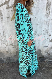 Leopard Print Loose V-neck Pocket Holiday Style Maxi Dress