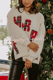 Merry Plaid Embroidered Bow Long-Sleeve Loose Sweatshirt