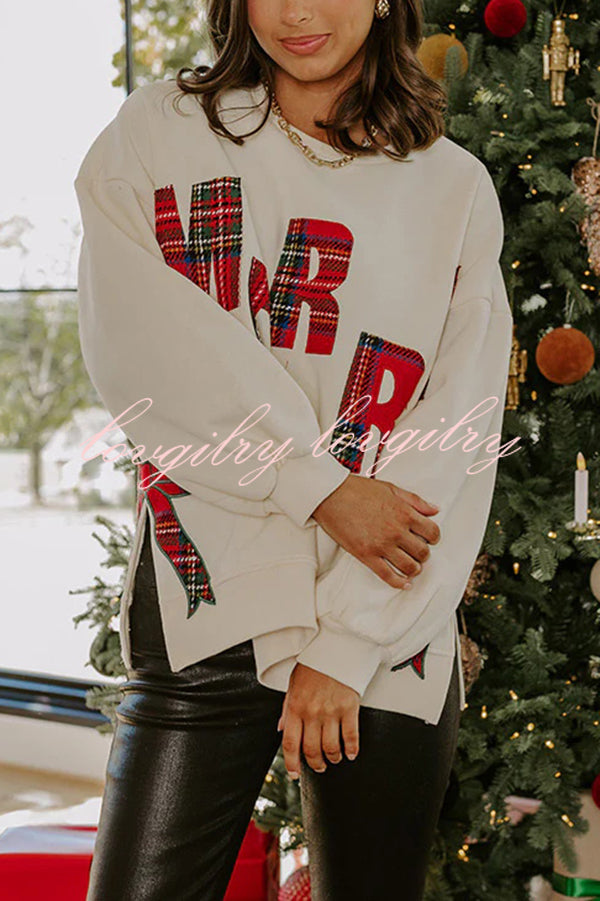 Merry Plaid Embroidered Bow Long-Sleeve Loose Sweatshirt