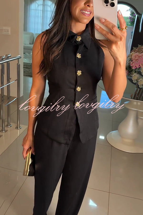 Fashion Lapel Sleeveless Button Vest and Casual Straight-leg Suit Pants Set