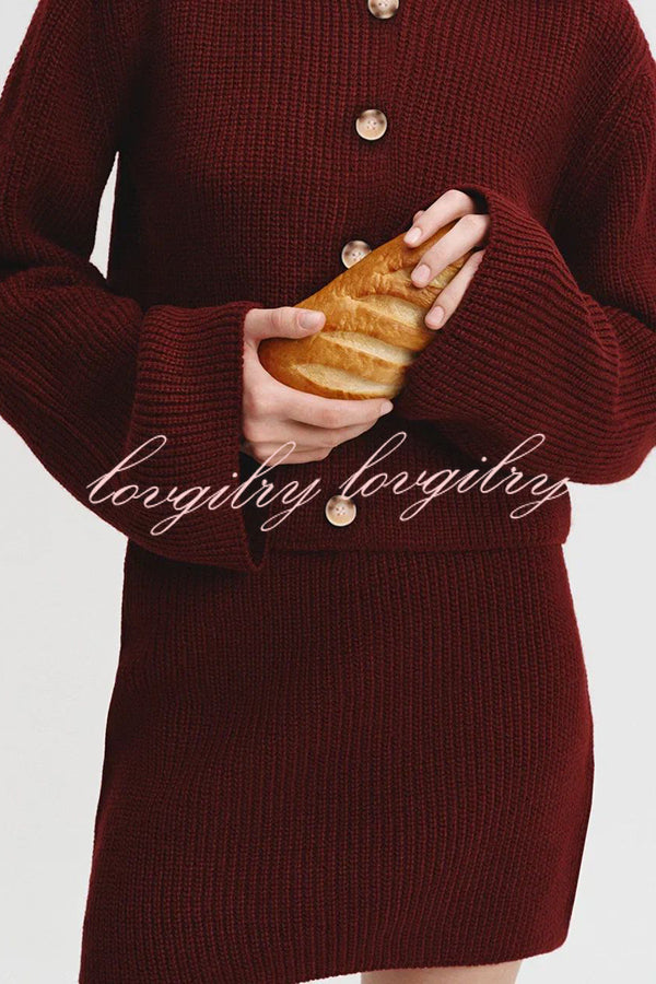 Fashion Lapel Bell Sleeve Knitted Cardigan and Casual Mini Skirt Set