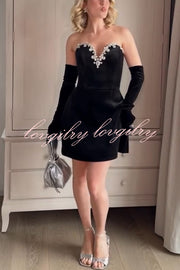 Ines Luxurious Velvet Jewel-encrusted Sweetheart Off Shoulder Neck Tulip Stretch Mini Dress