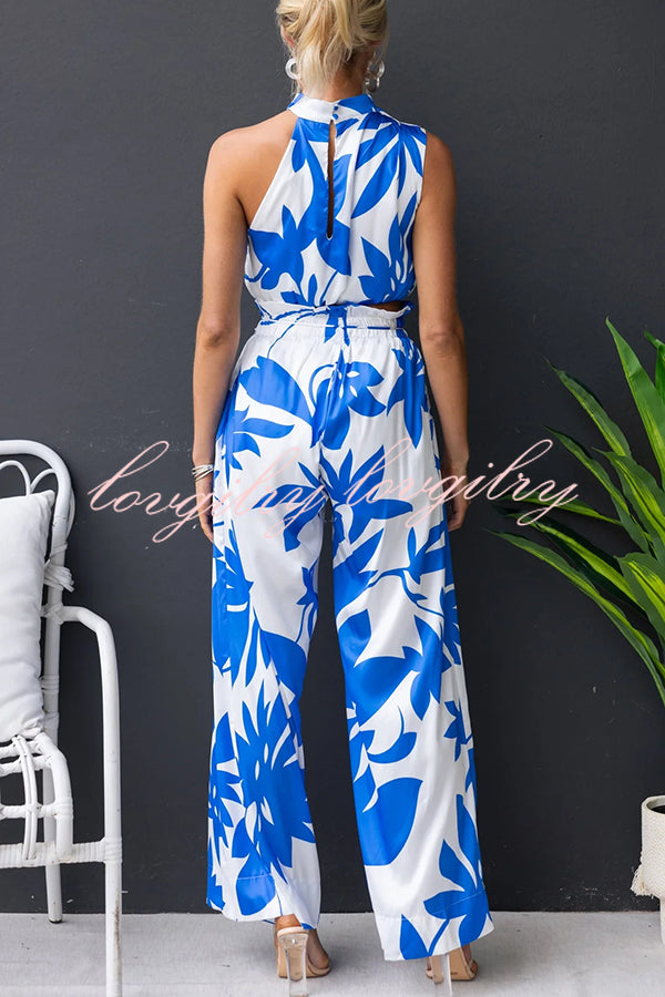 Girls Night Satin Printed High Neck Top and Elastic Tie-up Waist Pocket Wide Leg Pants Set