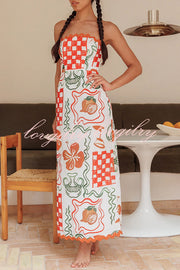 Cypress Unique Print Ric Rac Trim Back Smocked Strapless Maxi Dress