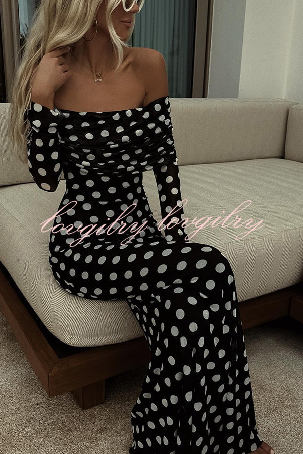 Chic Statement Polka Dot Print Off Shoulder Ruched Stretch Maxi Dress