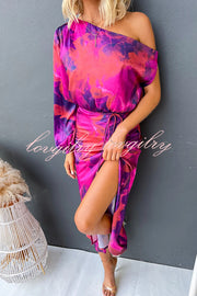 Winona Satin Floral Print One Shoulder Balloon Sleeve Tie-up Maxi Dress