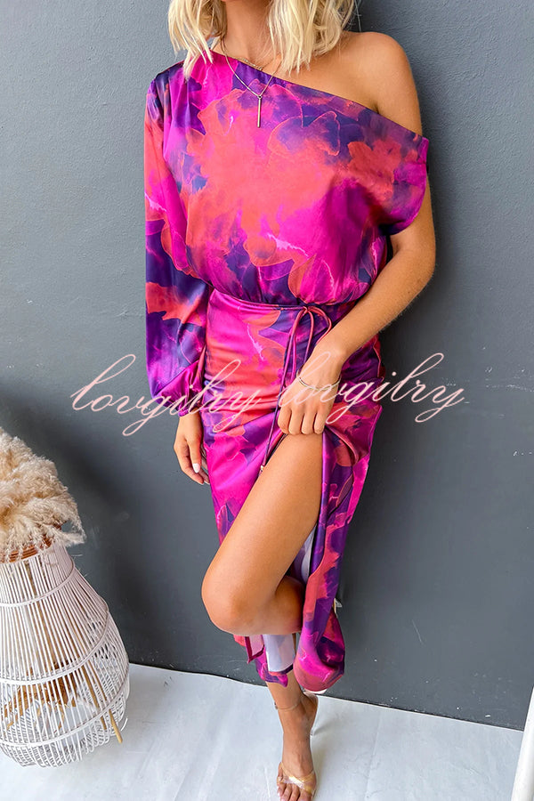 Winona Satin Floral Print One Shoulder Balloon Sleeve Tie-up Maxi Dress