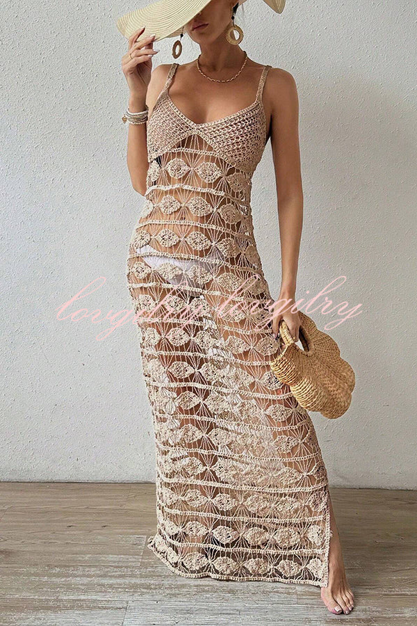 Sexy Sleeveless Sling Hollow Knit Cover-up Maxi Dress