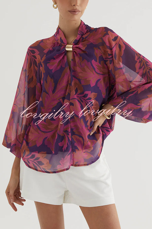 Essentials Printed Gold Cutout Collar Balloon Sleeve Blouse