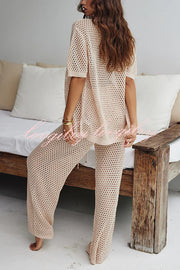 Fashion Hollow Loose Short-sleeved Top and Elastic Waist Casual Wide-leg Pants Set