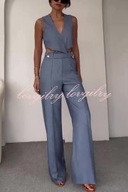 Crossover Slim Fit Sleeveless Vest and High Waisted Wide Leg Pants Set