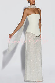 Oakley Corset Strapless Top and Sequin High Rise Maxi Skirt Scarf Set