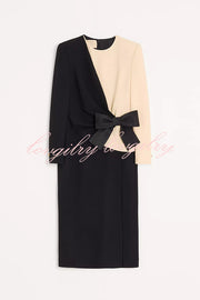 Love Unfolded Contrast Color Side Bow Tie-up Long Sleeve Slit Midi Dress