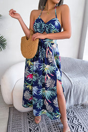 Plant Print Halter Neck Hollow Holiday Beach Midi Dress