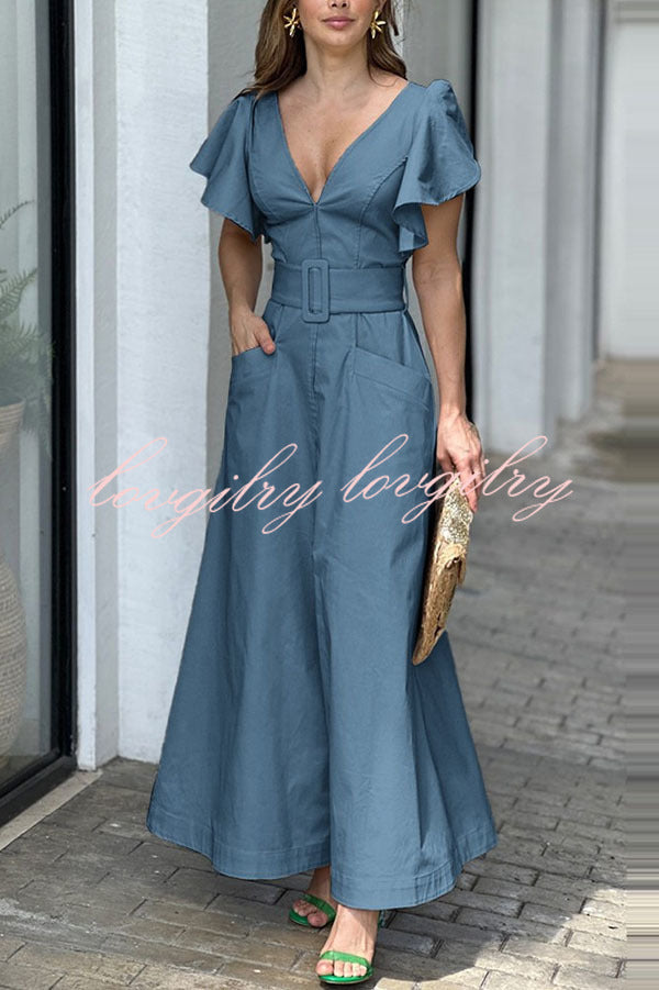 Ruffle Sleeve V Neck High Waist Pocket Maxi Dress