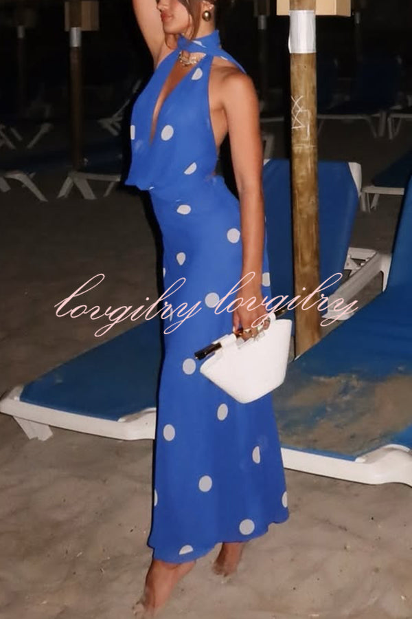 Fashion Polka Dot Print Sexy Halter Neck Backless Maxi Dress