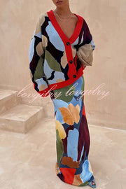 Bright and Bold Knit Abstract Color Blocks Button Long Sleeve Loose Cardigan