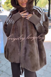 Fashion Sports Stripe Print and Ribbed Embroidered Long Sleeve Zipper Pocket Hooded Plush Coat