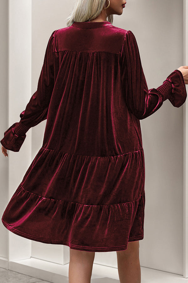 Solid Color Velvet V-Neck Long Sleeve Elegant Loose Mini Dress
