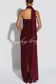 Pandra Glittery Crepe Fabric Off Shoulder Ruched Slit Cape Maxi Dress