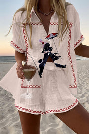 Black Poodle Print Loose Button Elastic Waist Shorts Set