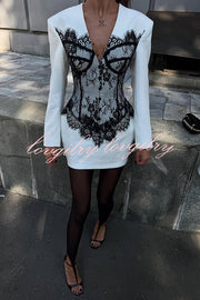 Saela Contrast Lace Corset Design V-neck Long Sleeve Tulip Mini Dress