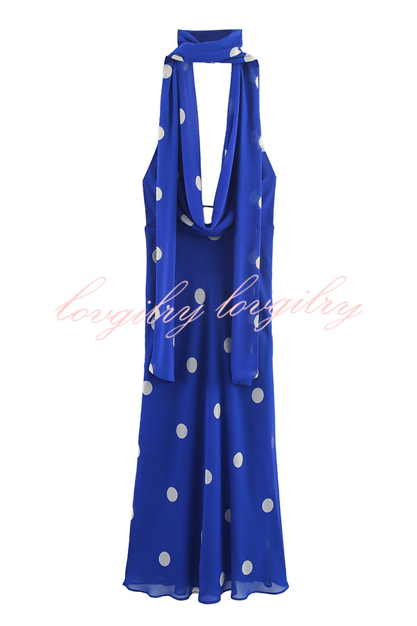 Fashion Polka Dot Print Sexy Halter Neck Backless Maxi Dress